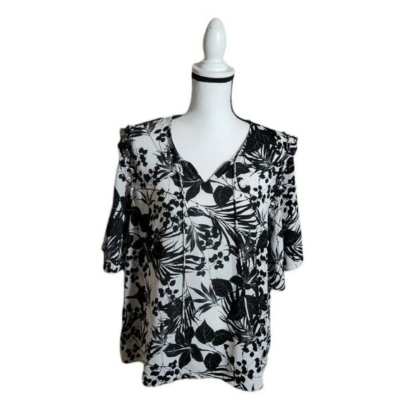 Worthington Womens Medium Black Floral Print Flutter Sleeve V Neck Blouse Top - Picture 1 of 7